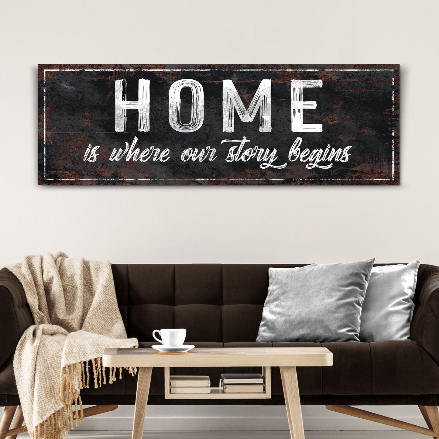 Home Is Where Our Story Begins canvas wall art with elegant typography on gallery-wrapped canvas for living room decor