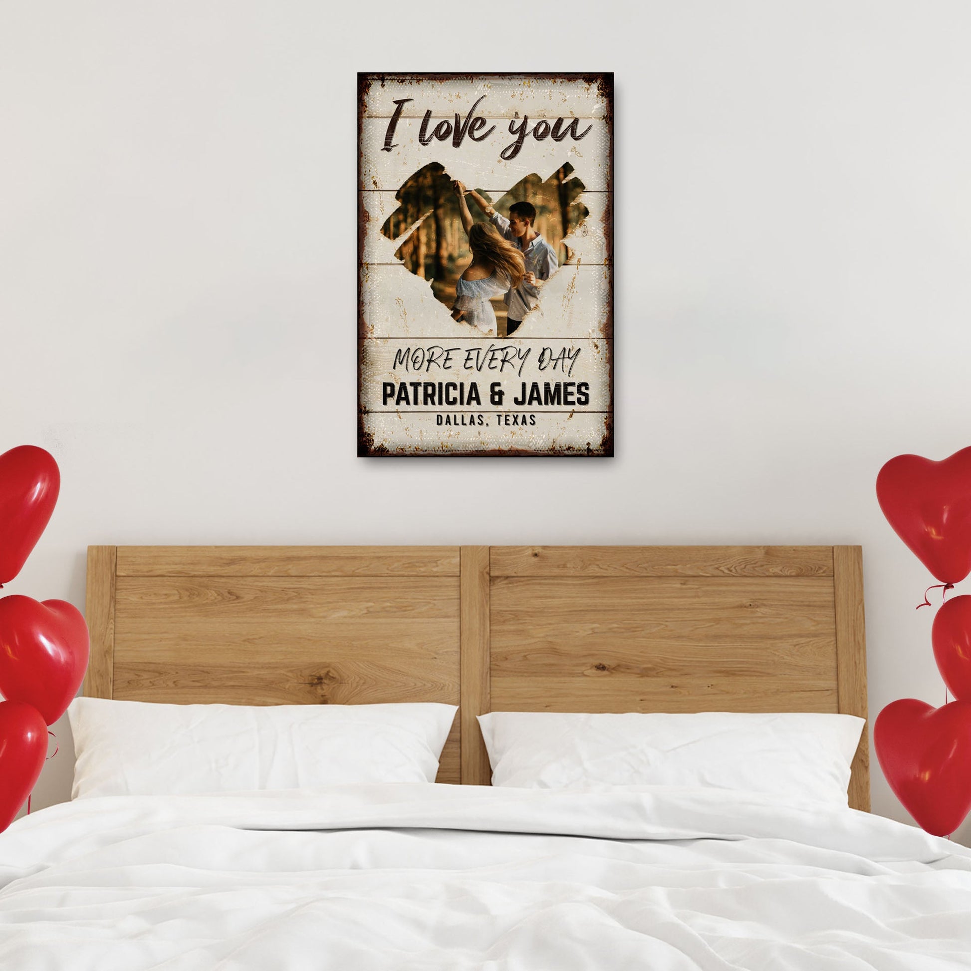 I Love You More Every Day rustic canvas wall art with farmhouse love sentiment lettering