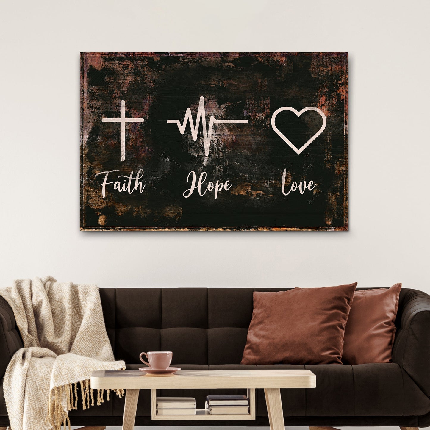 Rustic Faith Hope Love canvas sign with Christian biblical typography for home decor