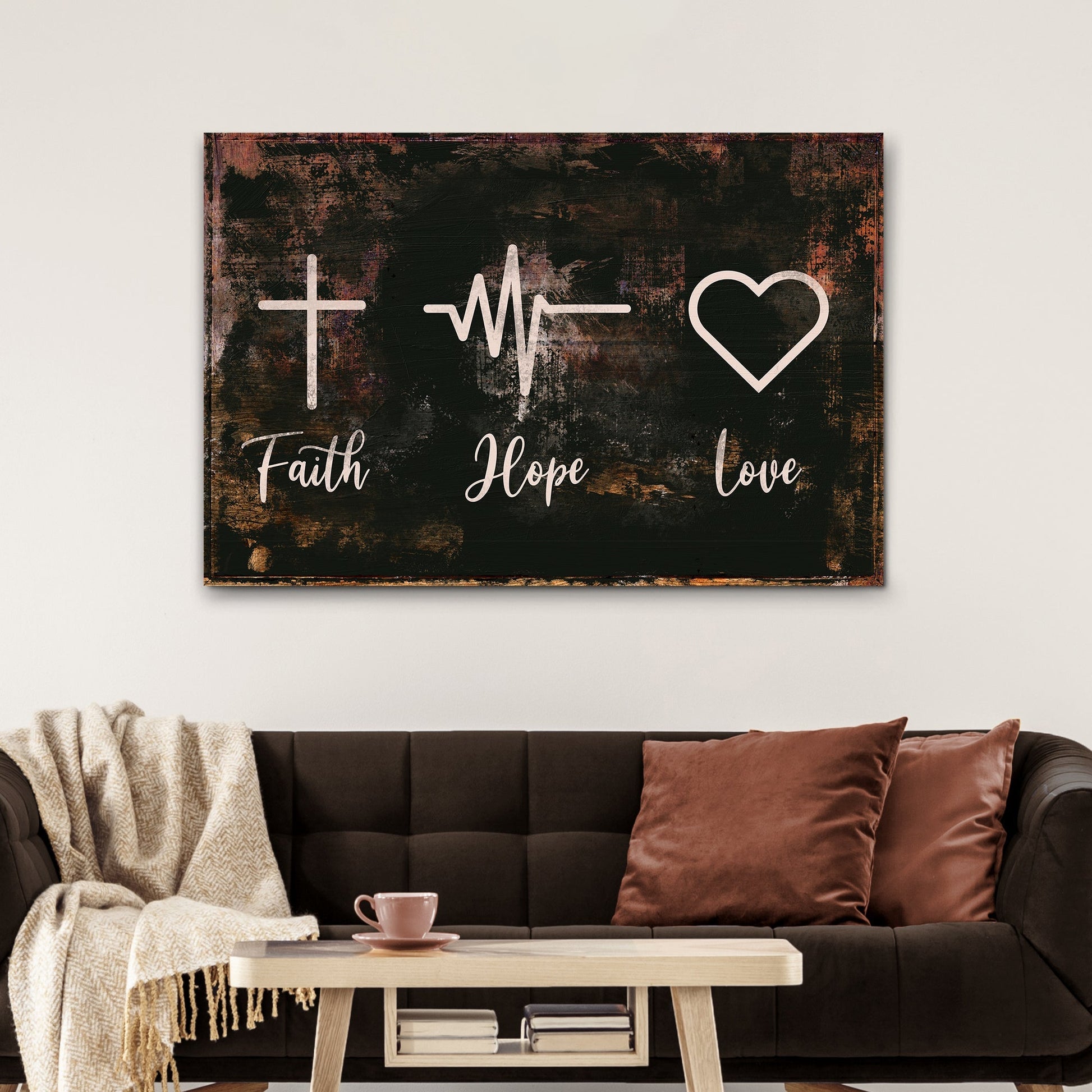Rustic Faith Hope Love canvas sign with Christian biblical typography for home decor