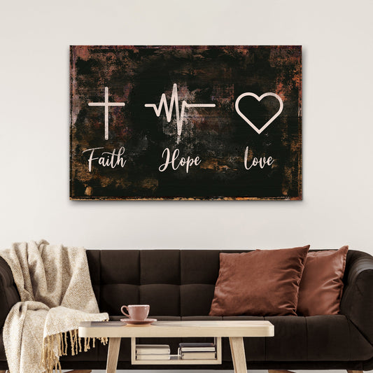 Rustic Faith Hope Love canvas sign with Christian biblical typography for home decor