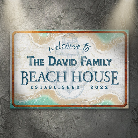 Welcome To Family Beach House personalized rustic word-art canvas sign on a wall