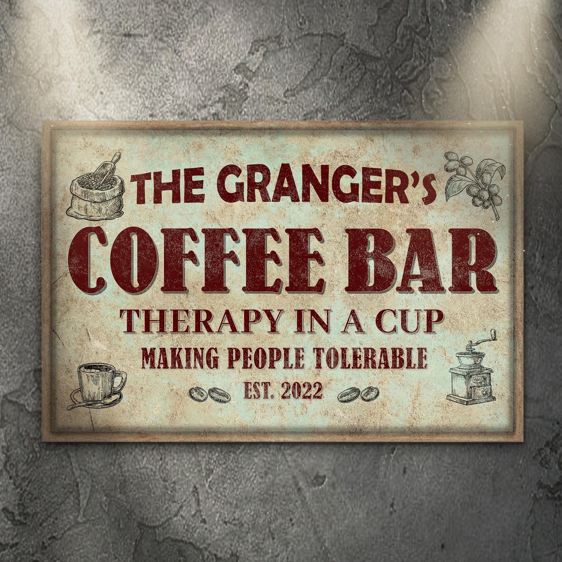 Coffee bar therapy in a cup personalized canvas sign with rustic word-art design