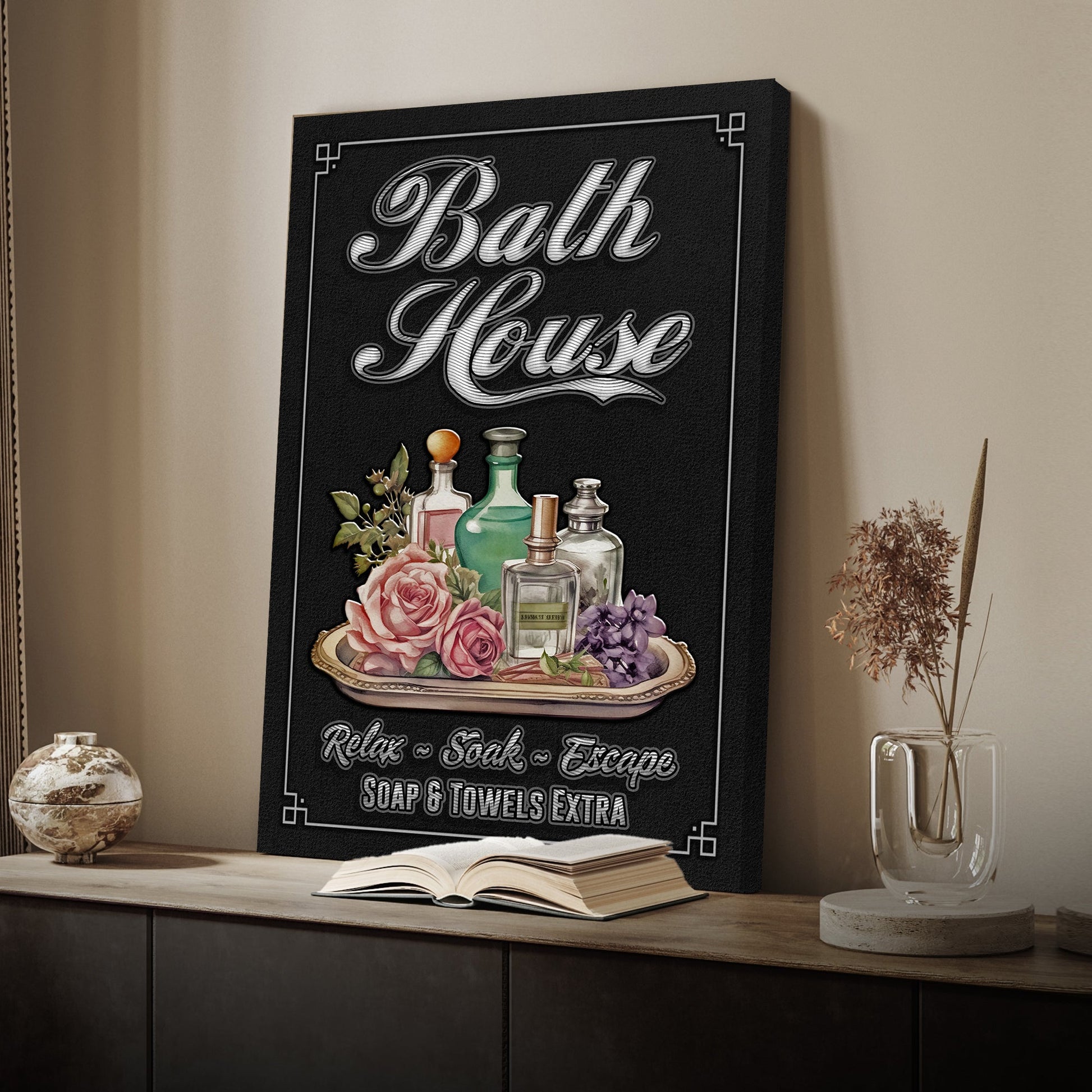 Relax Soak Escape typographic bath house canvas sign, spa bathroom wall decor