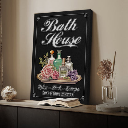 Relax Soak Escape typographic bath house canvas sign, spa bathroom wall decor