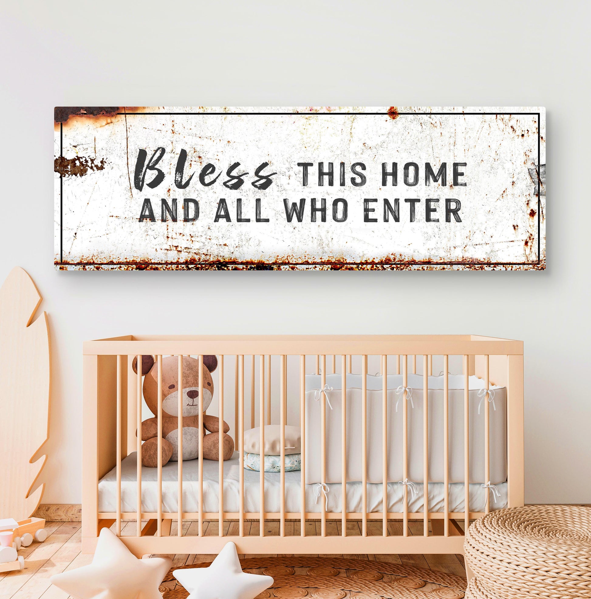 Bless This Home Christian canvas sign with rustic lettering