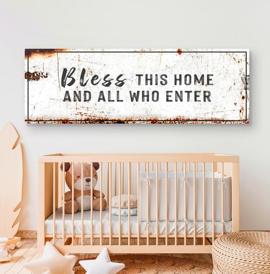 Bless This Home Christian canvas sign with rustic lettering