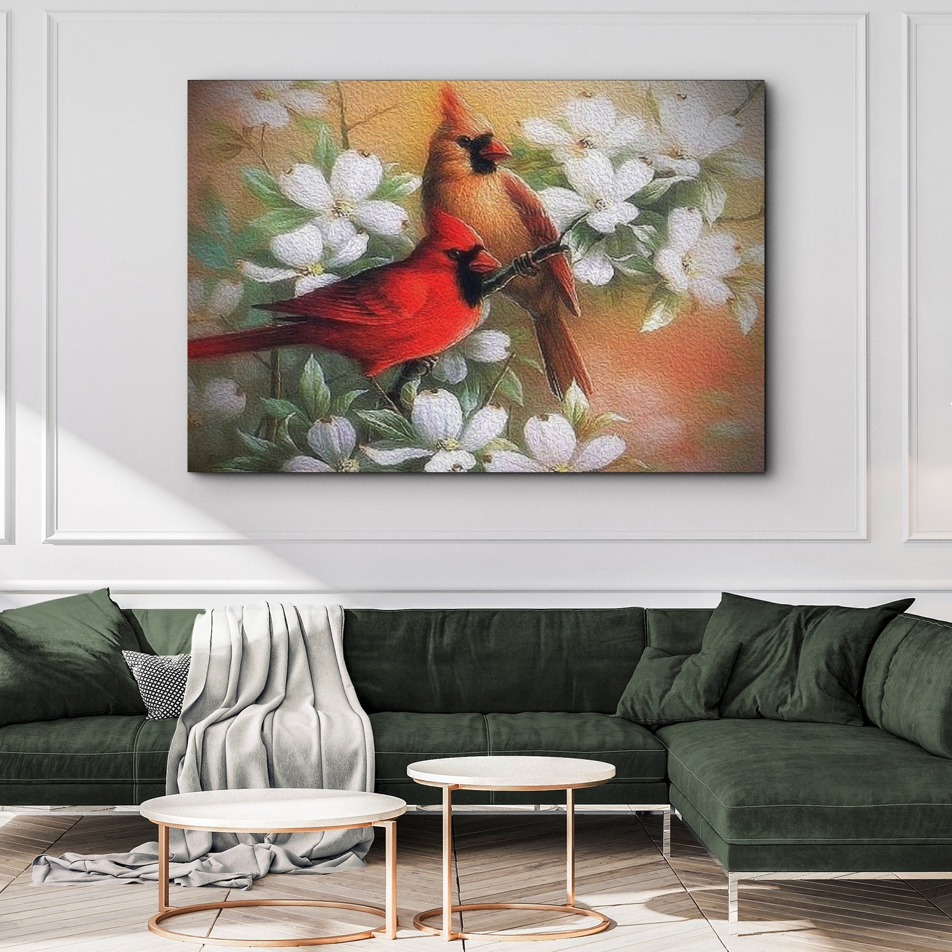 Cardinals on a snowy dogwood branch canvas wall art