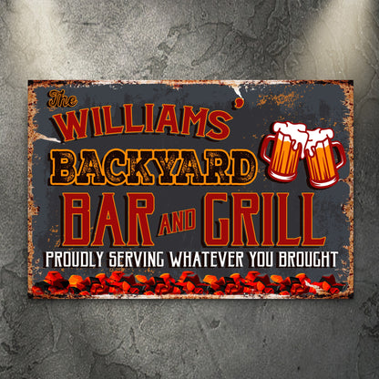 Personalized Backyard Bar And Grill canvas sign with family name