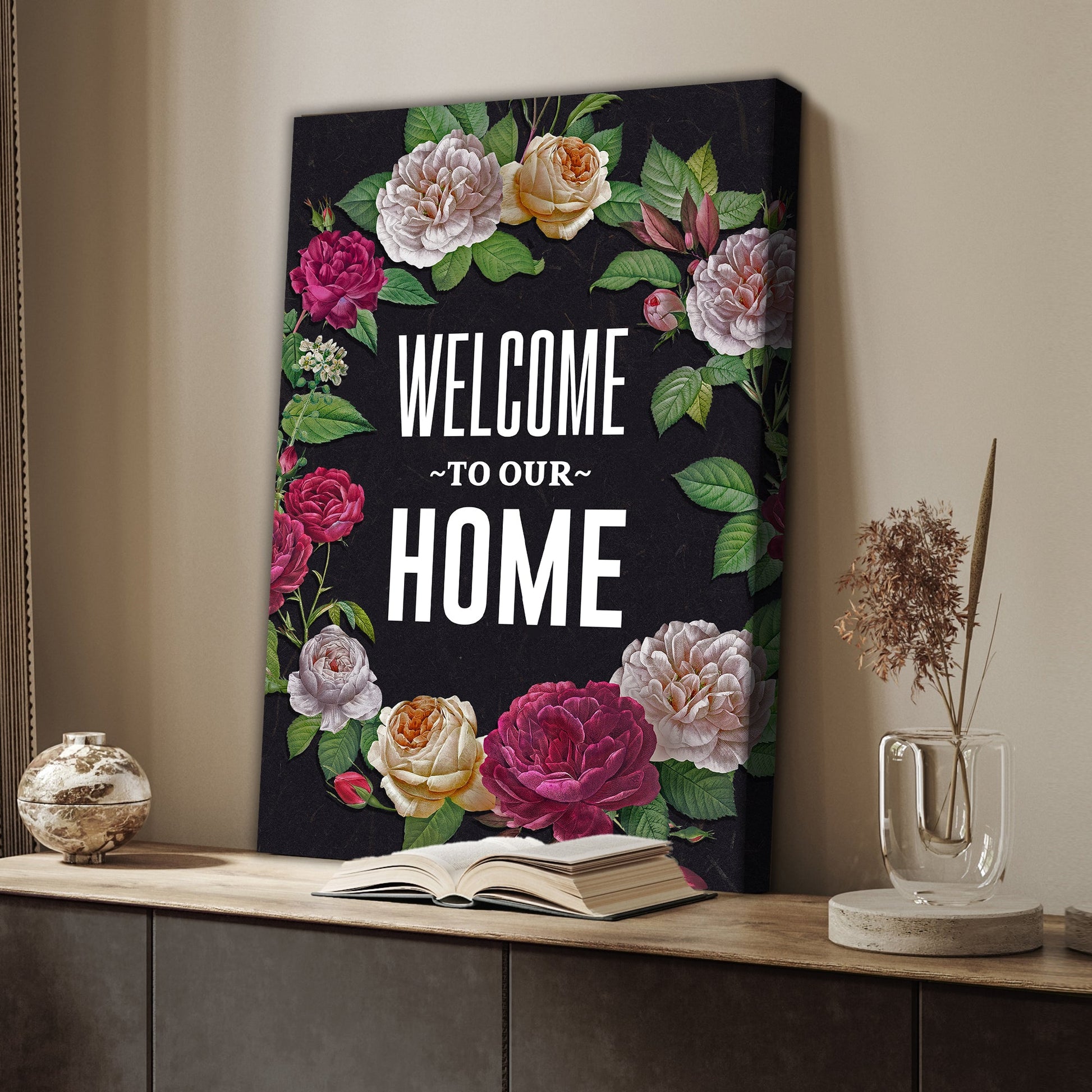 Welcome To Our Home floral entryway canvas sign with delicate botanical border