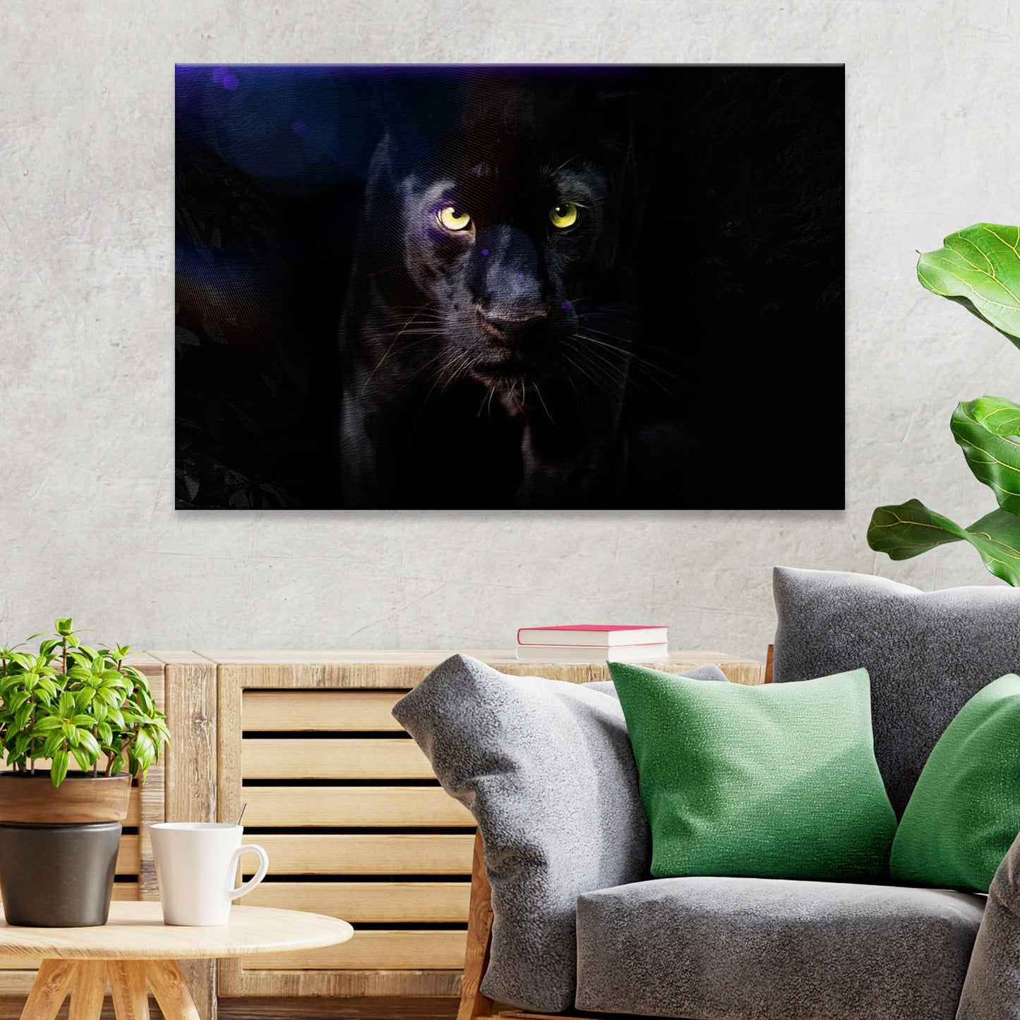 Black panther in dramatic close-up, black panther canvas wall art wildlife decor