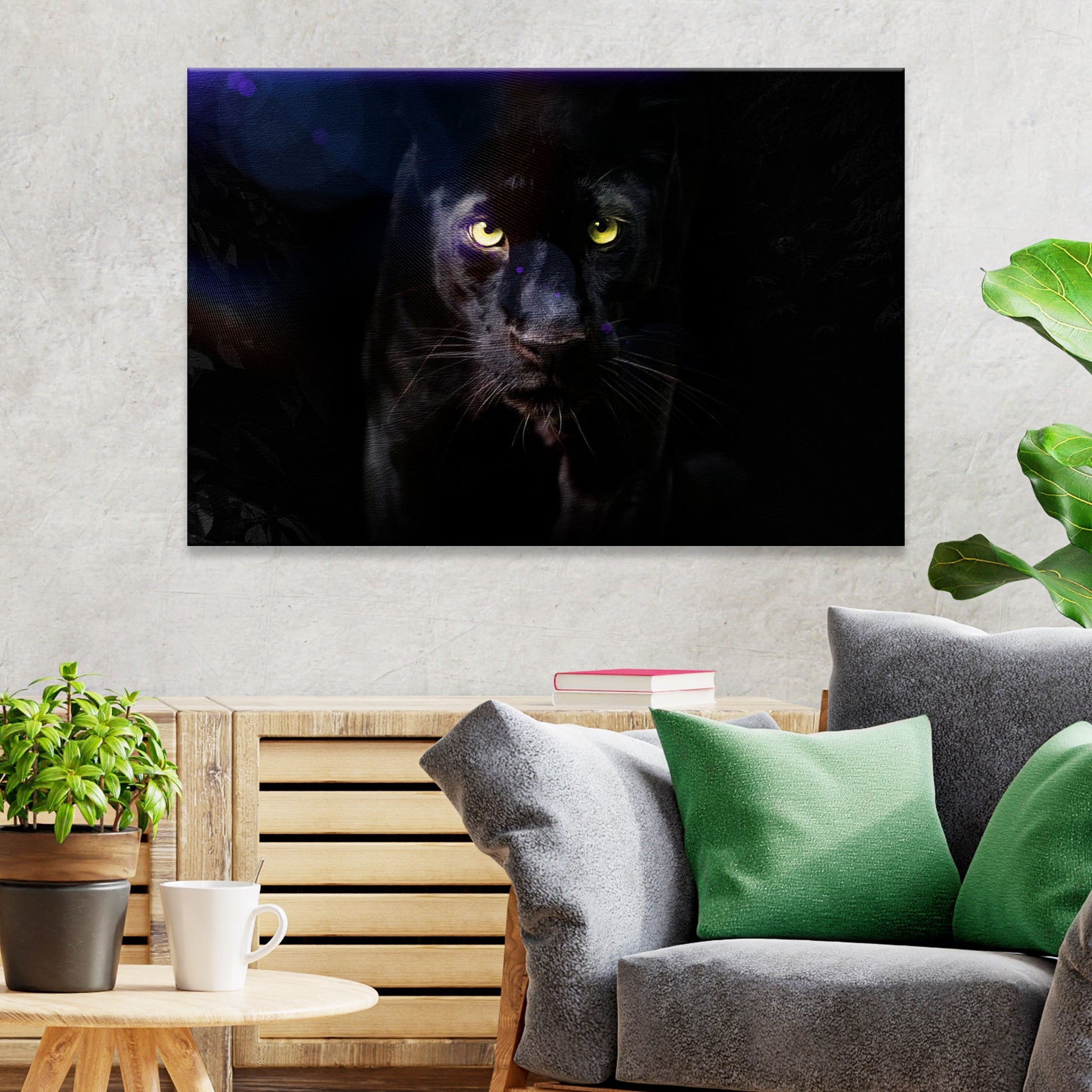 Black panther in dramatic close-up, black panther canvas wall art wildlife decor