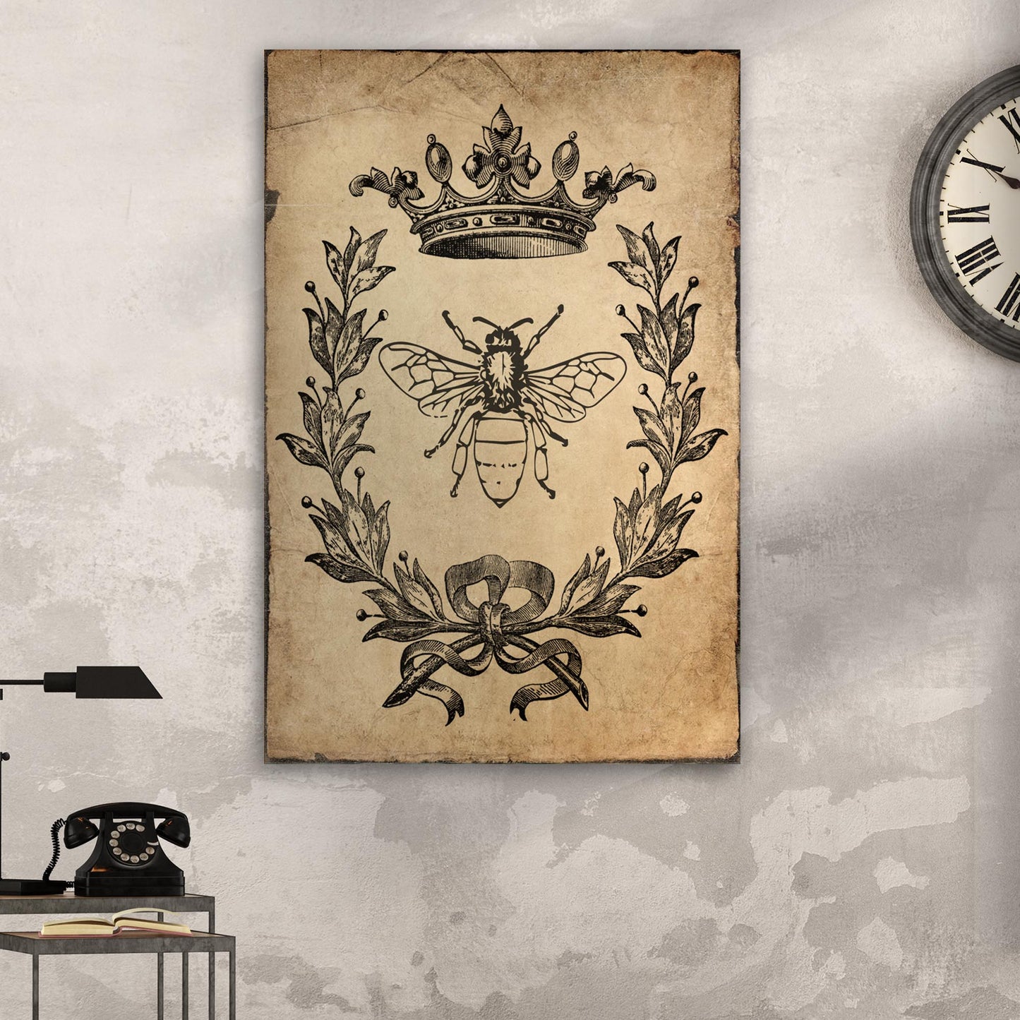 Queen bee vintage painting canvas wall art — antique botanical illustration insect decor