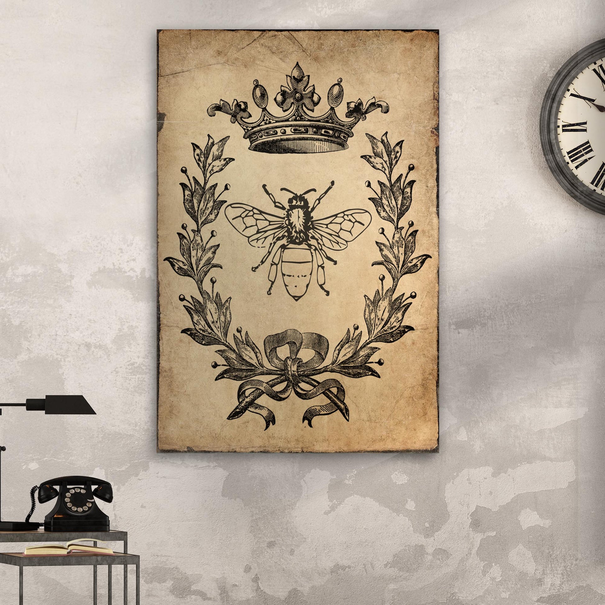 Queen bee vintage painting canvas wall art — antique botanical illustration insect decor