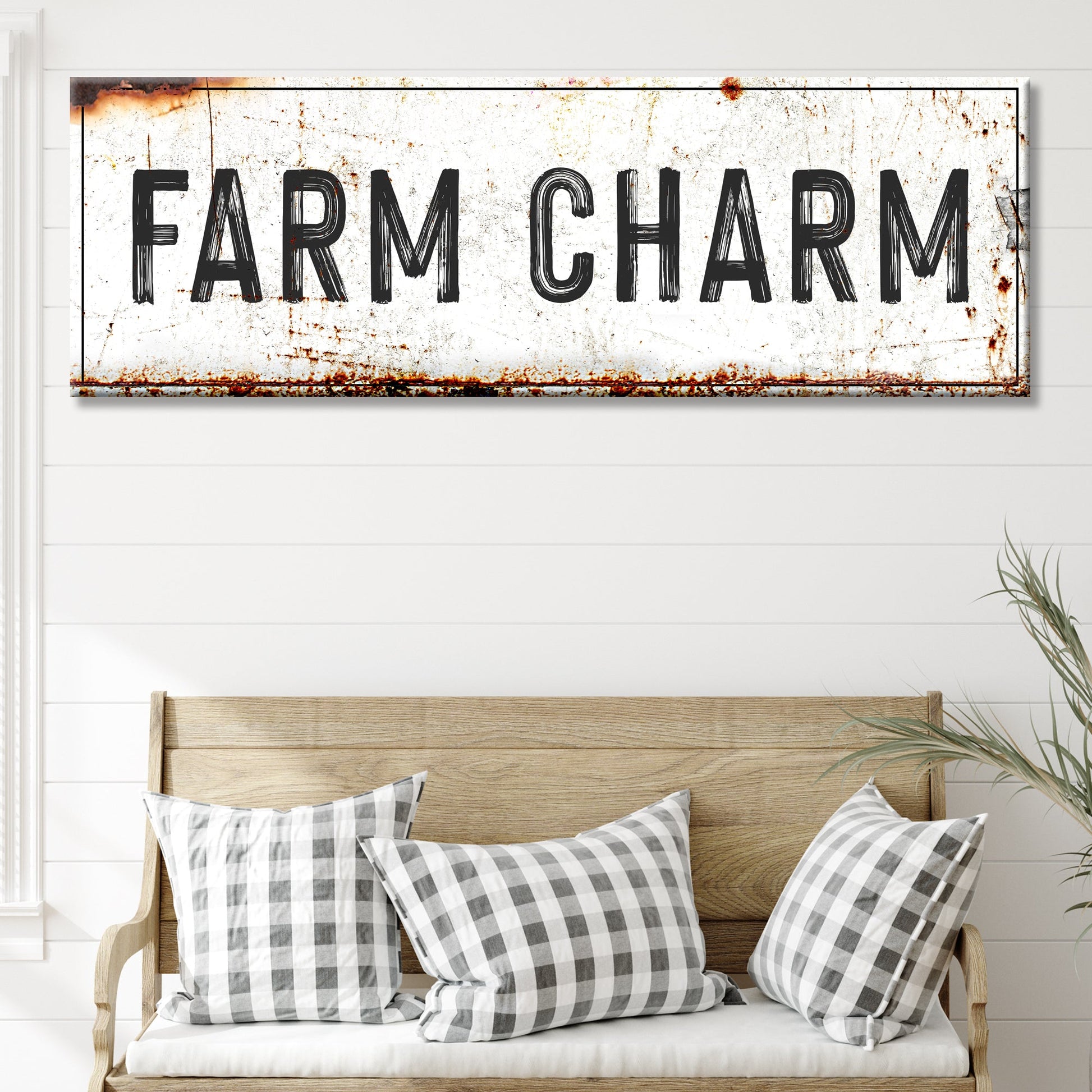 Farm charm personalized canvas sign with rustic farmhouse design and family name