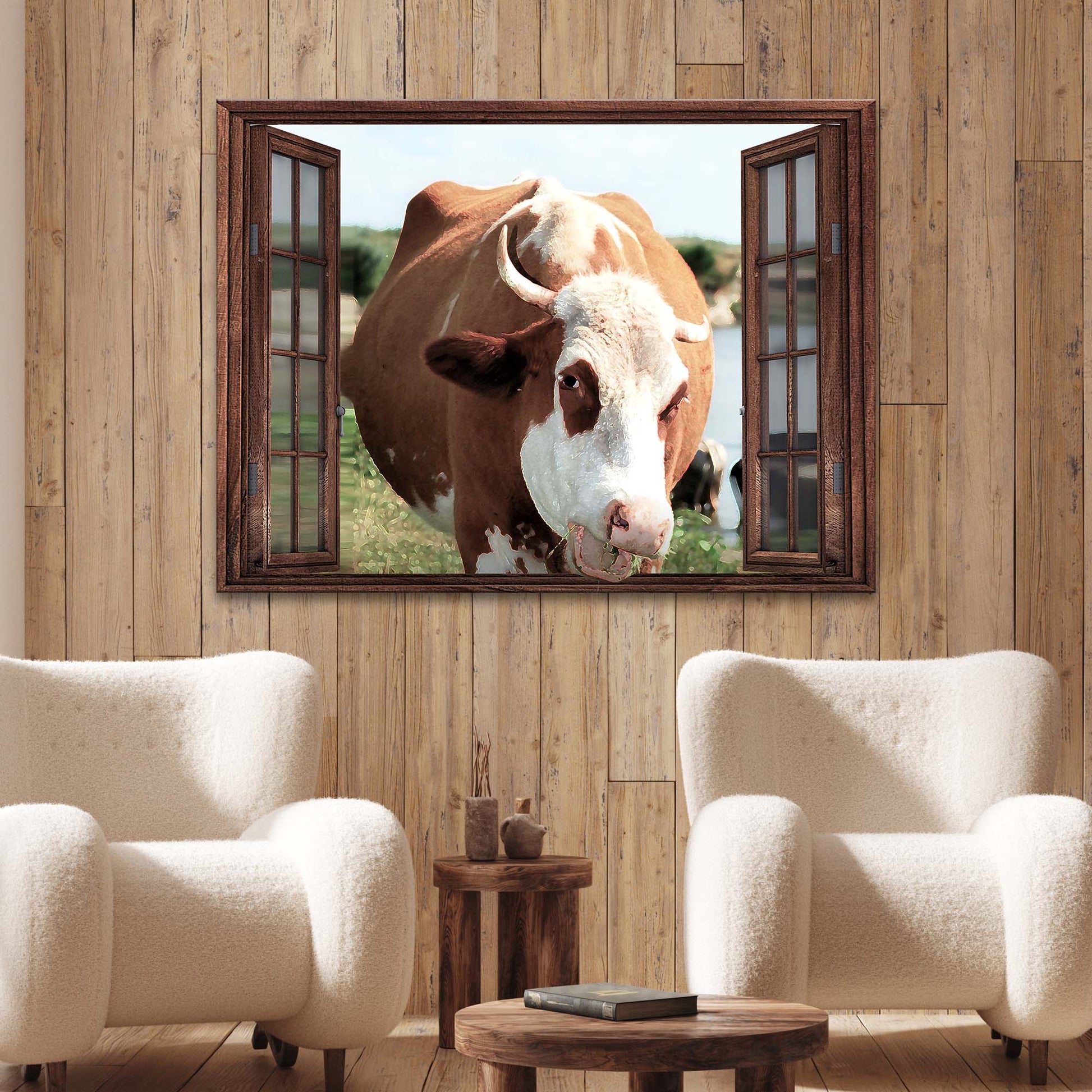 Cattle on window canvas wall art with farmhouse herd scene
