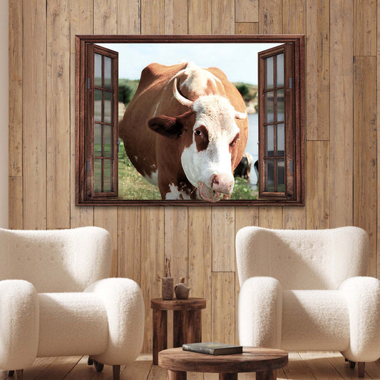 Cattle on window canvas wall art with farmhouse herd scene