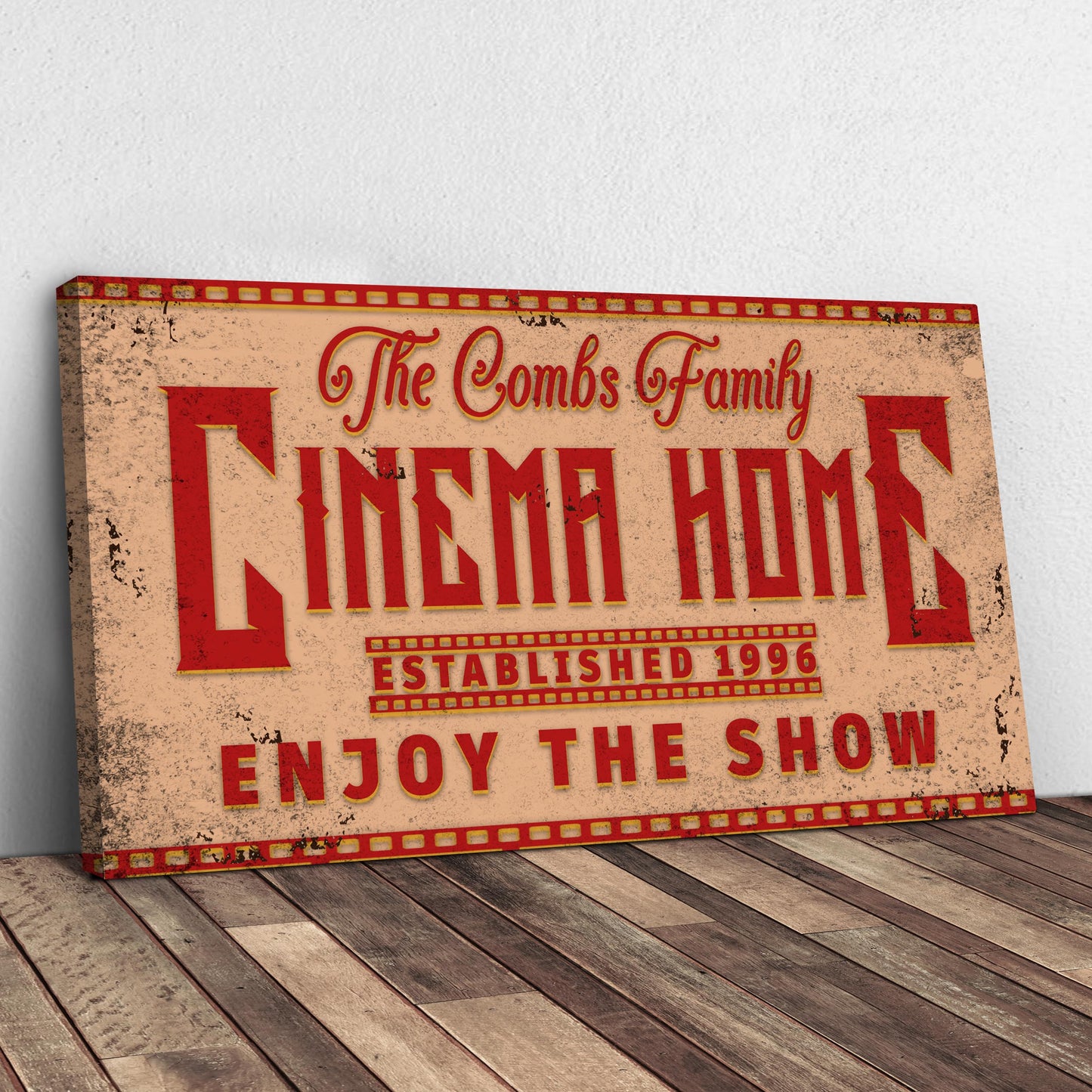 Enjoy the Show family cinema home canvas sign for home theater or media room