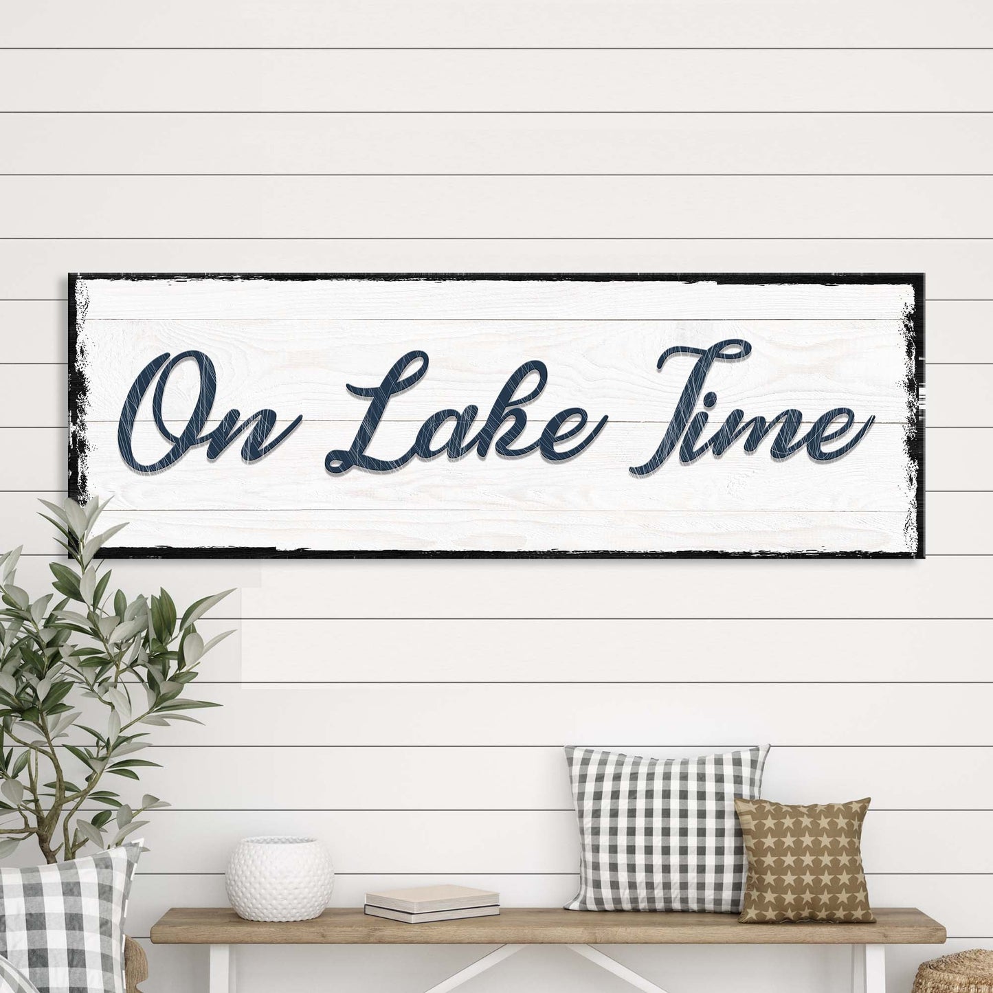 On Lake Time personalized rustic canvas sign for a lake house or cabin