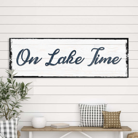 On Lake Time personalized rustic canvas sign for a lake house or cabin