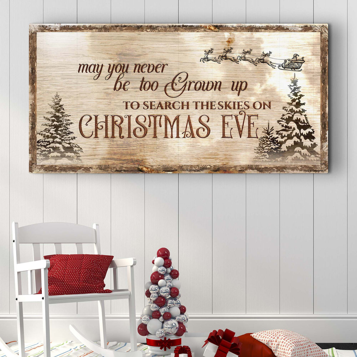 Never Too Grown Up Christmas Eve Sign canvas shown in a styled room setting, view 2