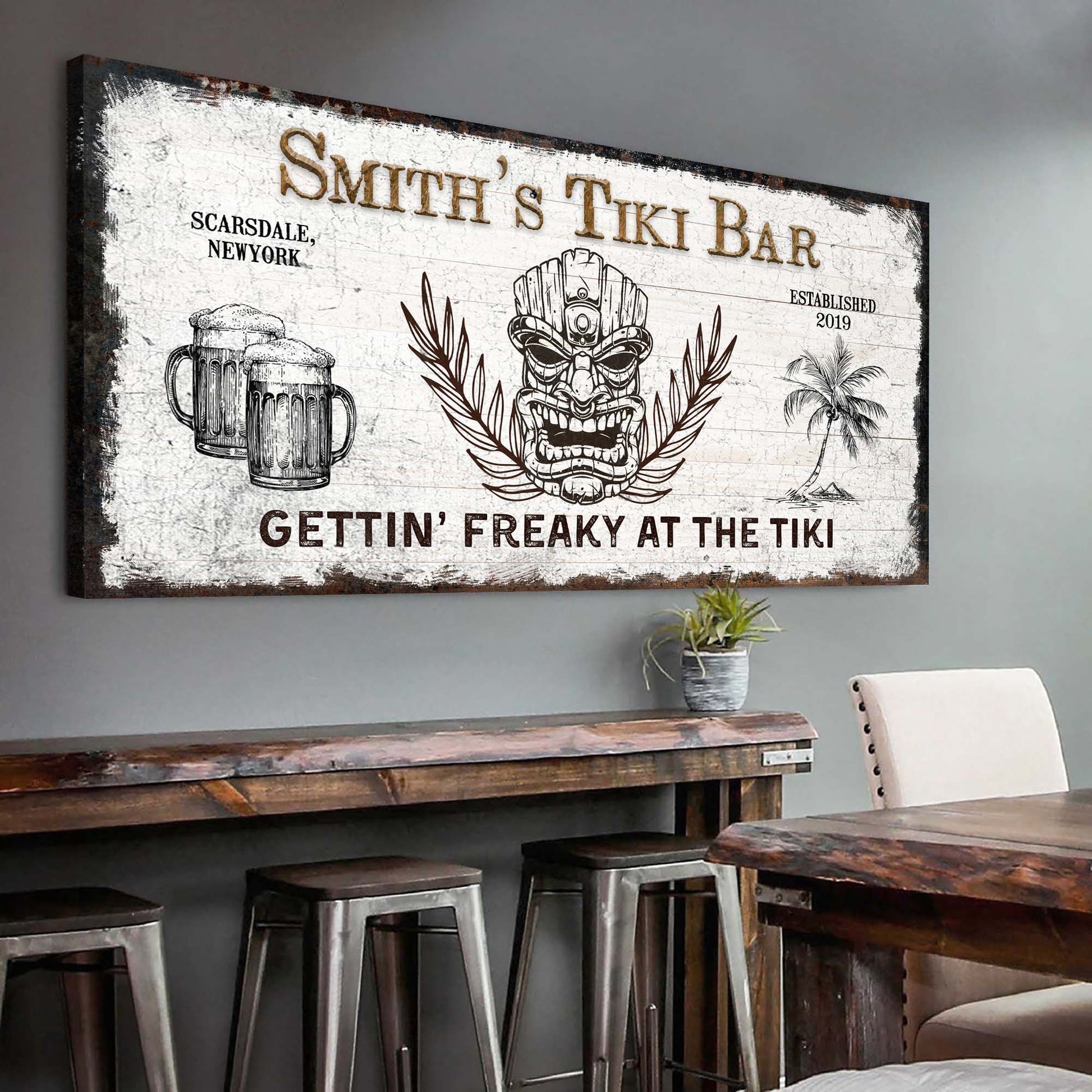 Personalized Tiki Bar canvas sign with tropical theme for a home bar, ready to hang