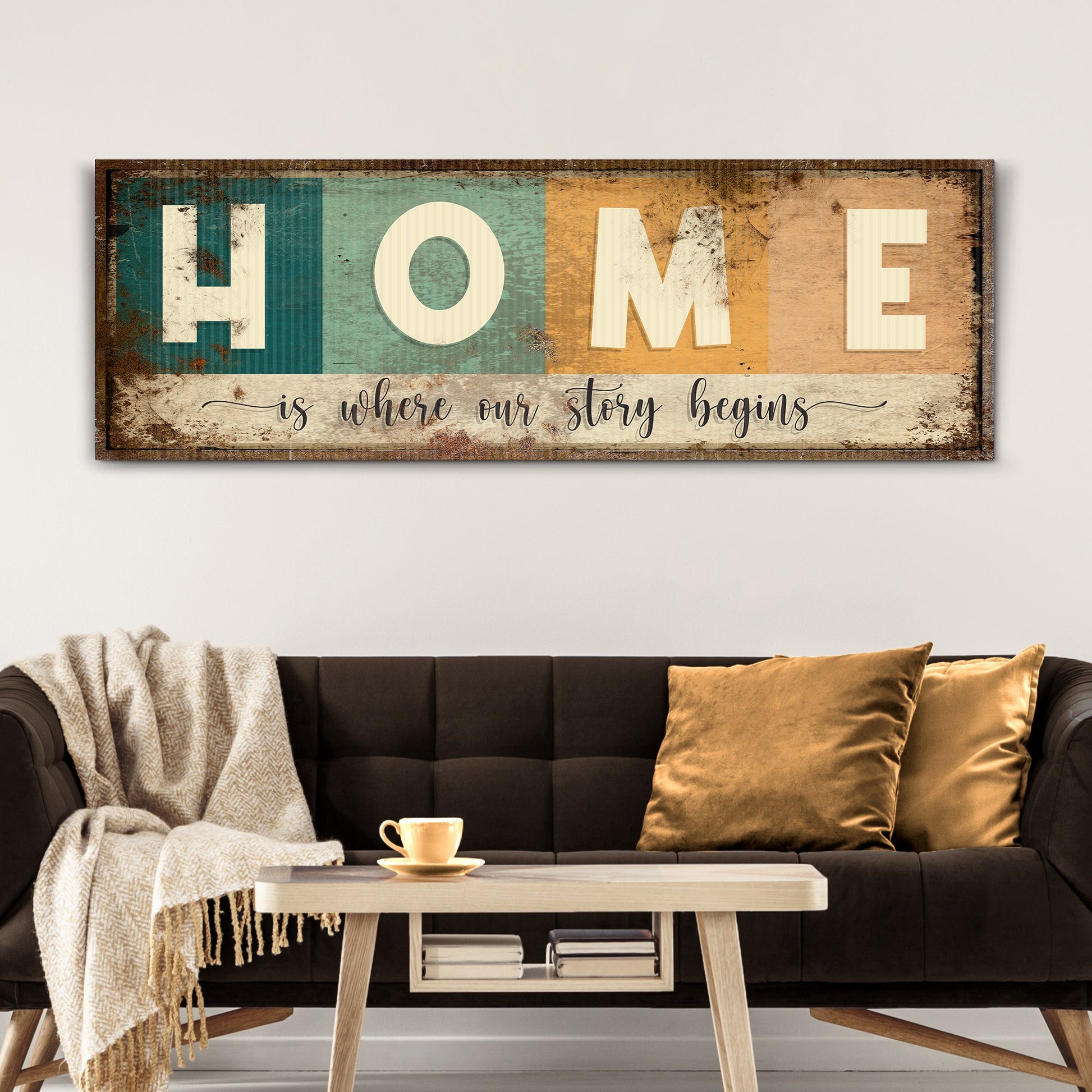 Home Is Where Our Story Begins canvas wall art with clean inviting family typography on gallery-wrapped canvas