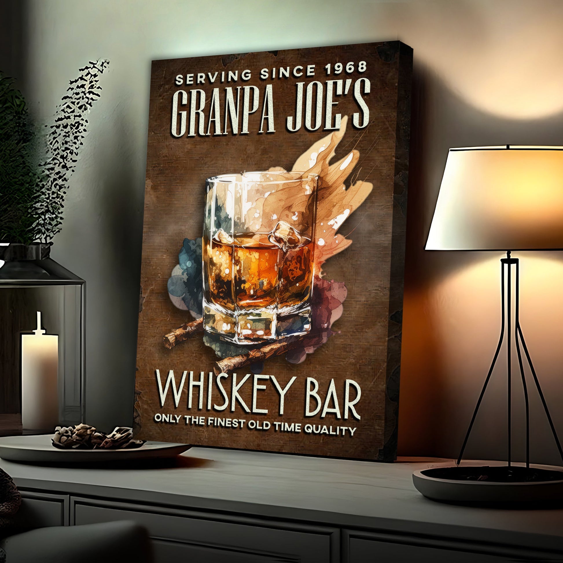 Whiskey bar sign canvas wall art with bold typography for home bar decor