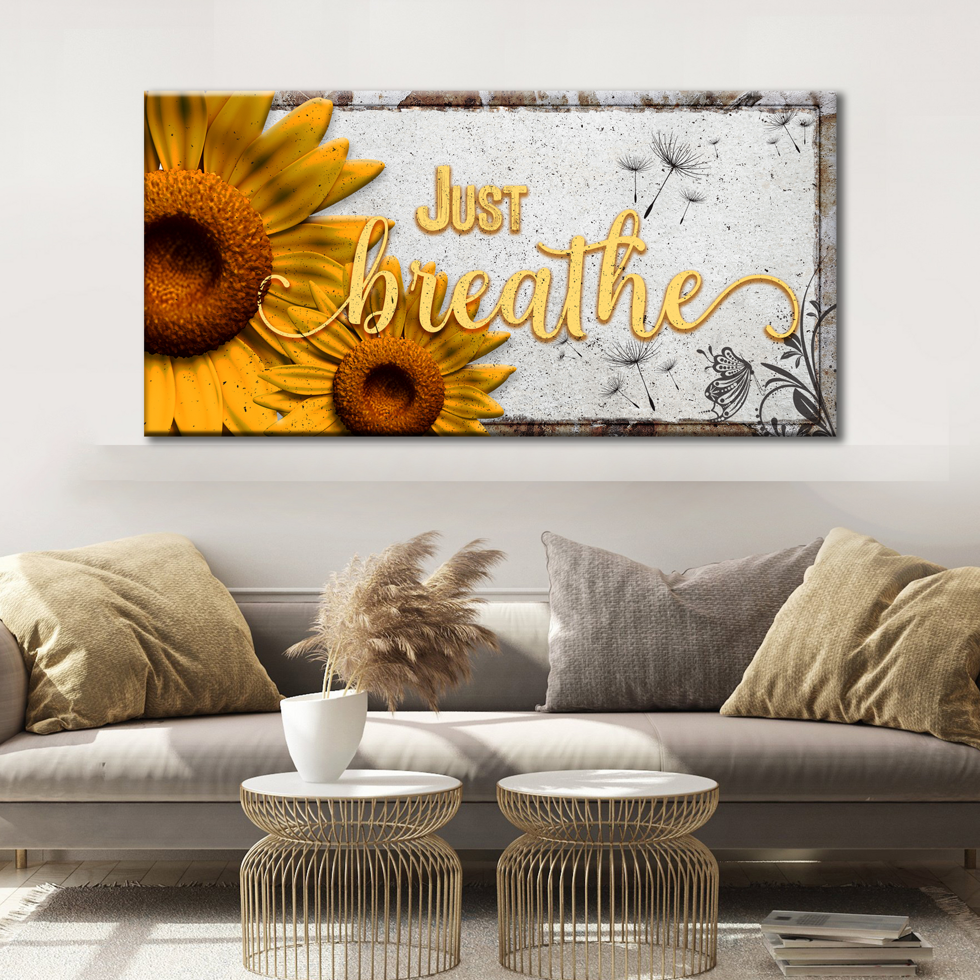 Just Breathe rustic word-art motivational canvas sign ready to hang