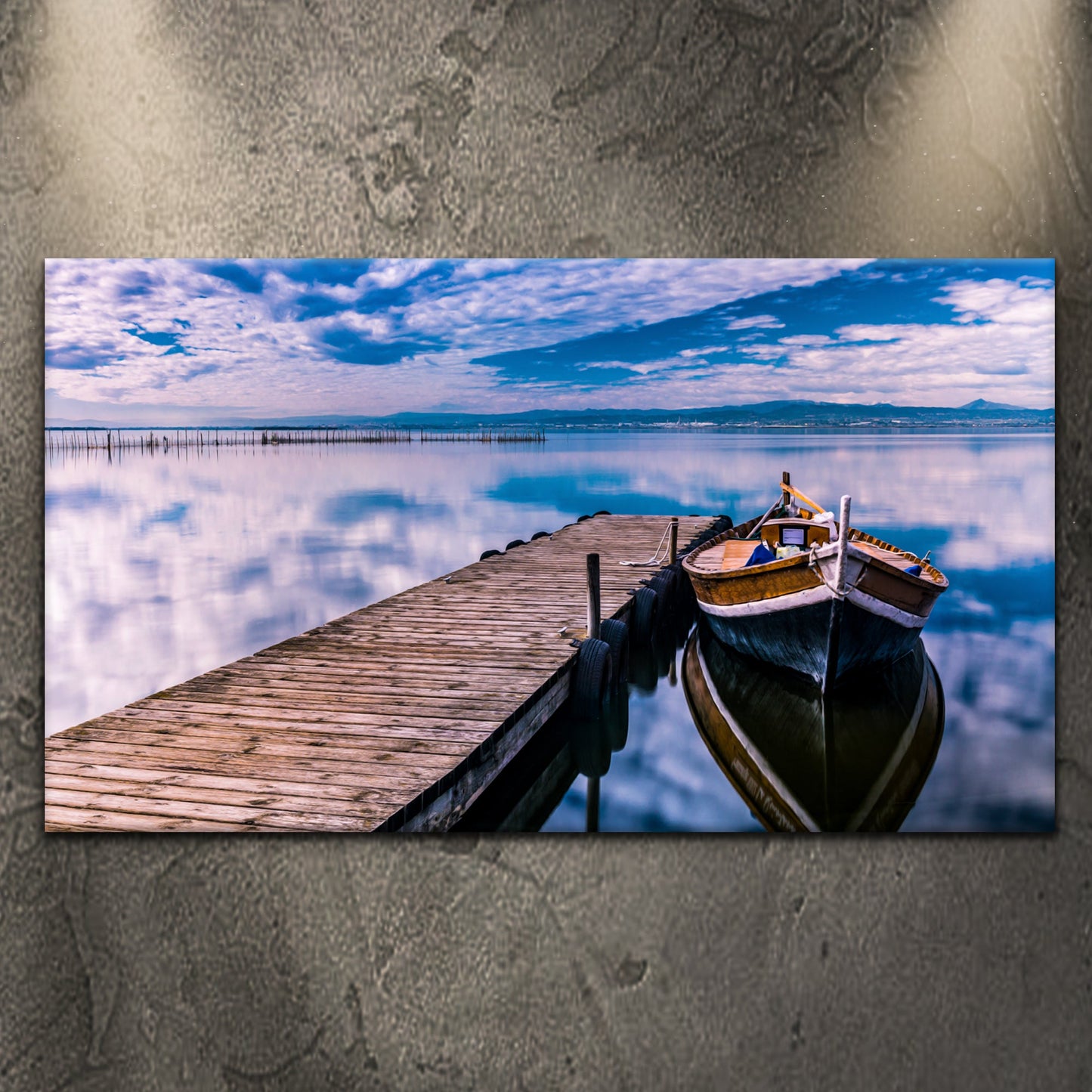 Lone boat drifting on calm open water under a soft sky, seascape canvas wall art