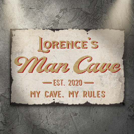 My cave my rules personalized man cave canvas sign with bold word-art design