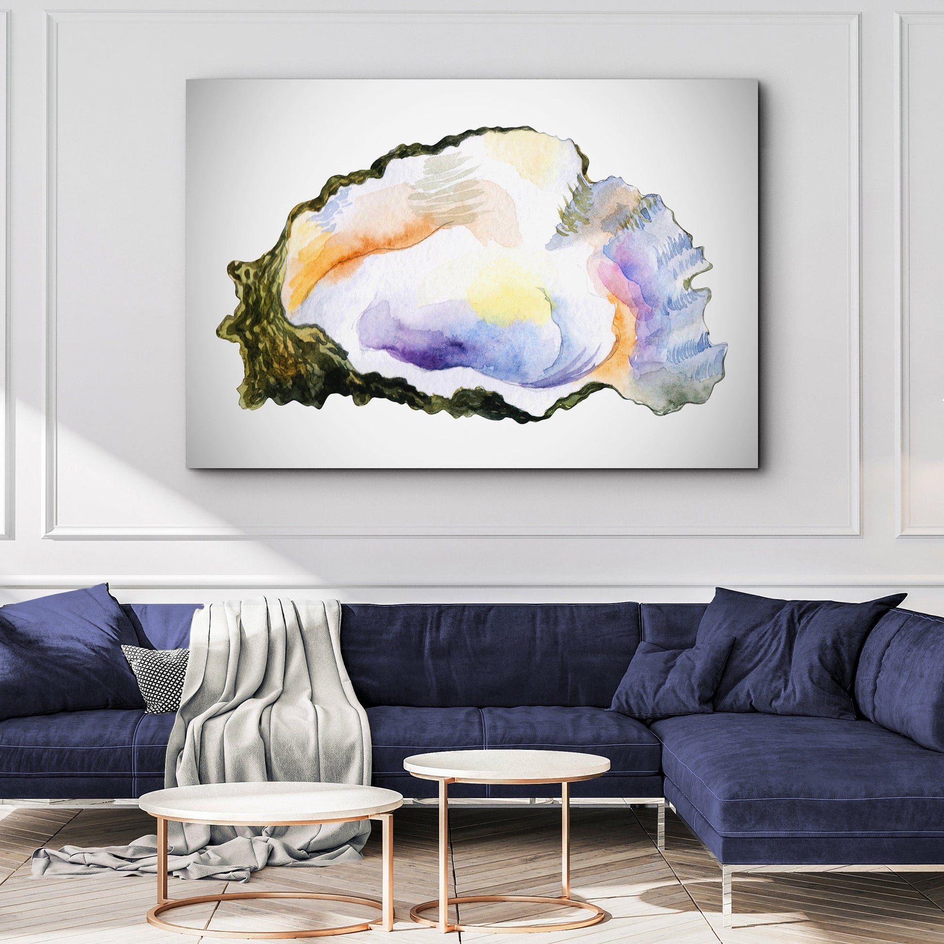 Oyster watercolor canvas wall art with soft maritime tones for coastal decor