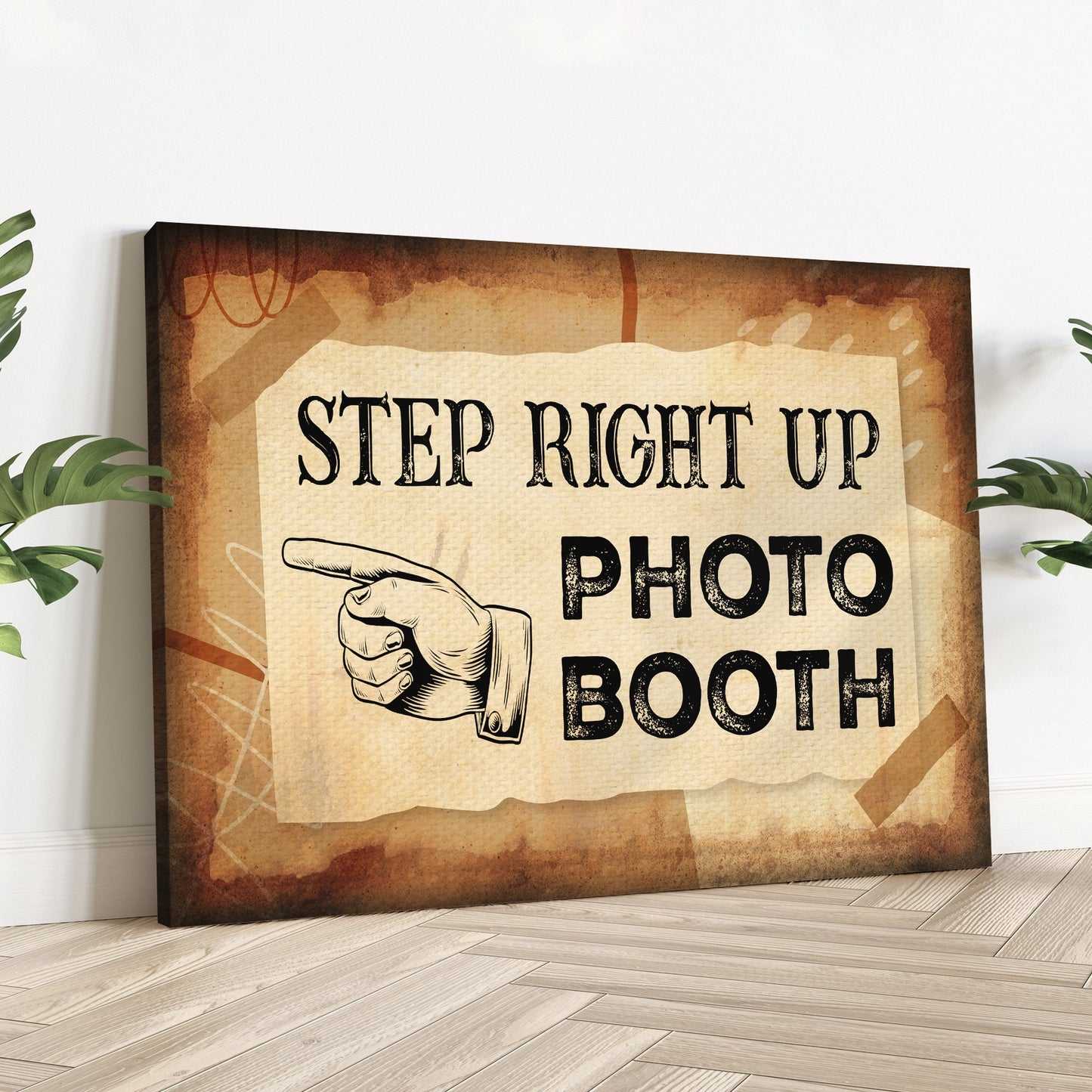 Step Right Up Photo Booth vintage carnival canvas wall art sign with bold retro typography