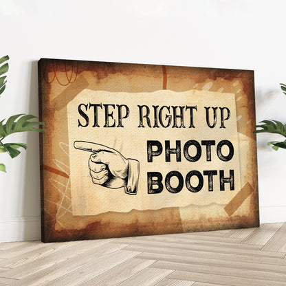 Step Right Up Photo Booth vintage carnival canvas wall art sign with bold retro typography