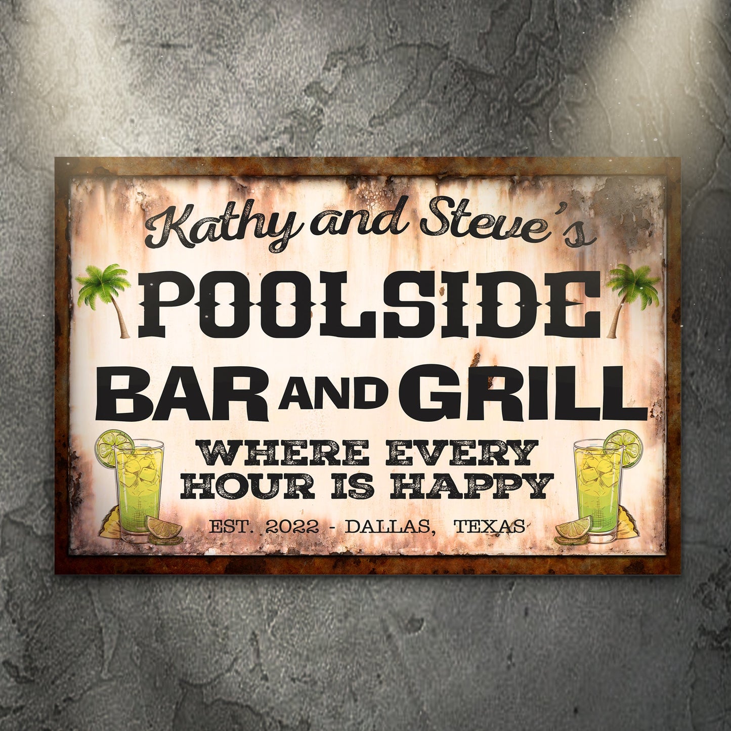 Poolside Bar And Grill rustic word-art canvas sign for a pool deck