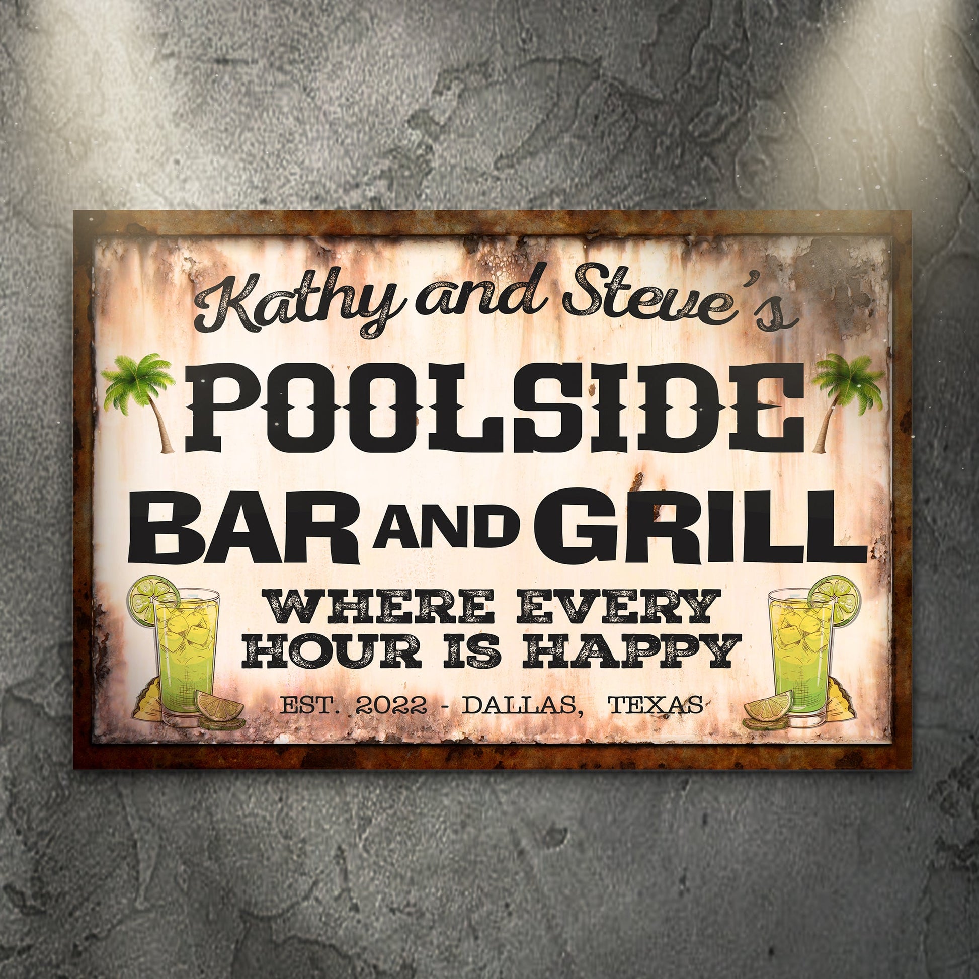 Poolside Bar And Grill rustic word-art canvas sign for a pool deck