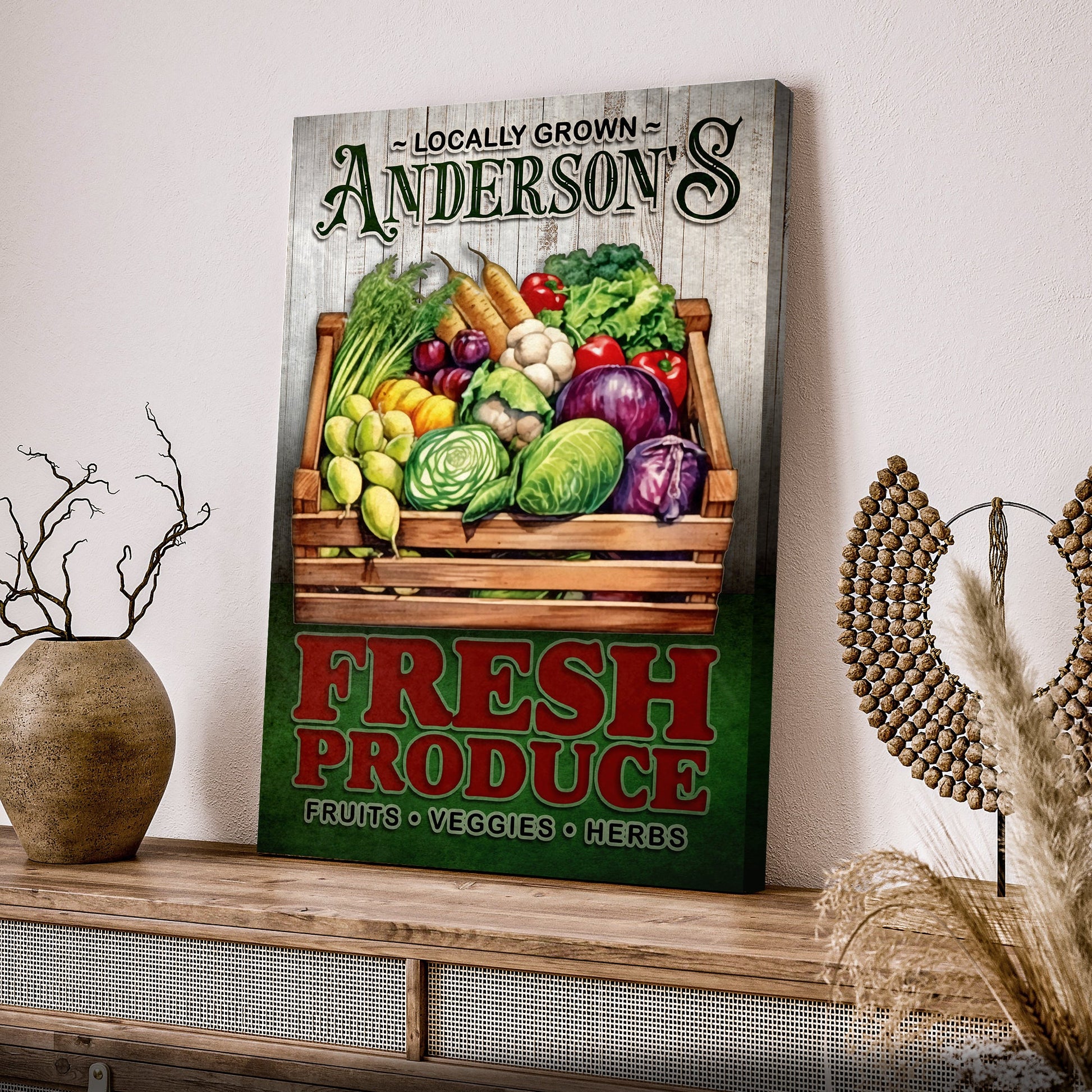 Locally Grown Fresh Produce canvas sign — farm-to-table kitchen wall art, gallery-wrapped canvas