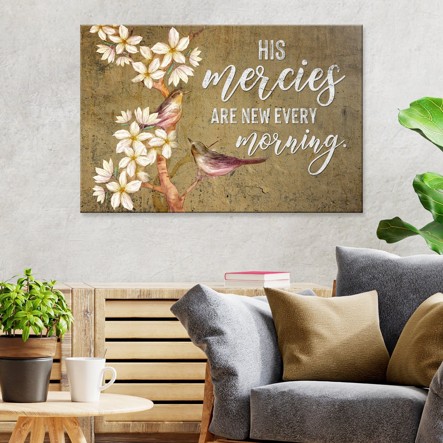 His Mercies Are New Every Morning faith canvas wall art with elegant scripture typography on gallery-wrapped canvas