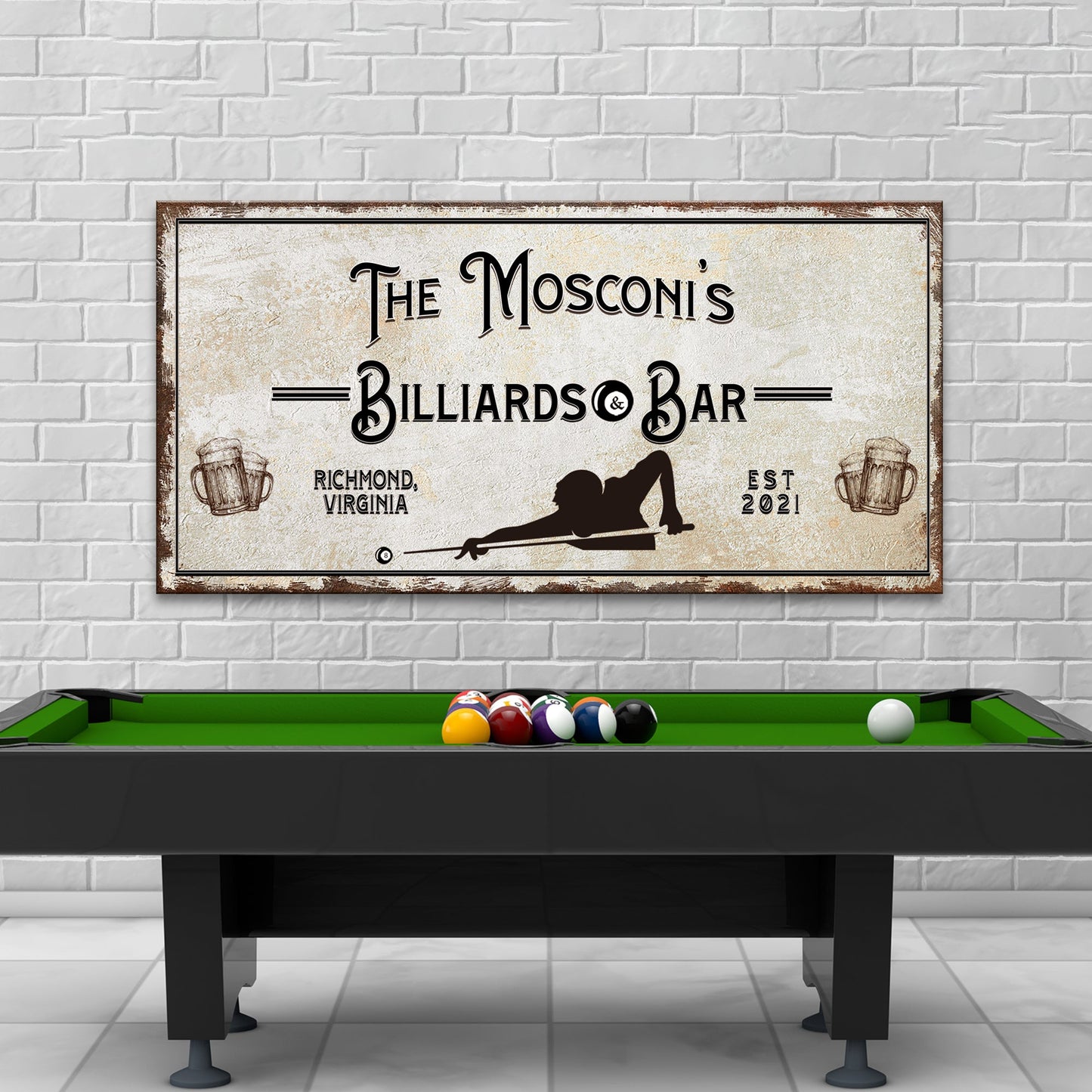 Billiards and Bar personalized rustic game room canvas sign
