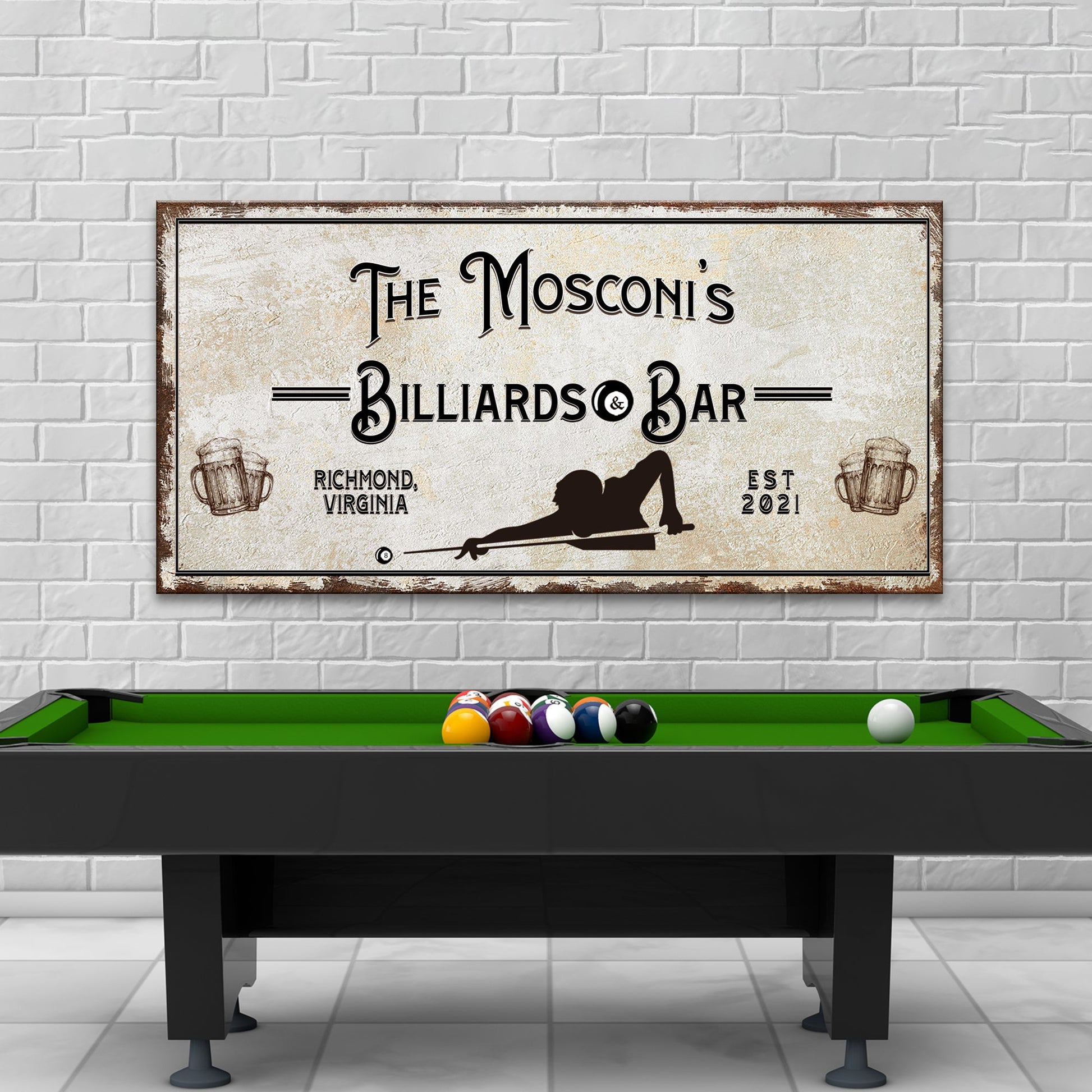Billiards and Bar personalized rustic game room canvas sign