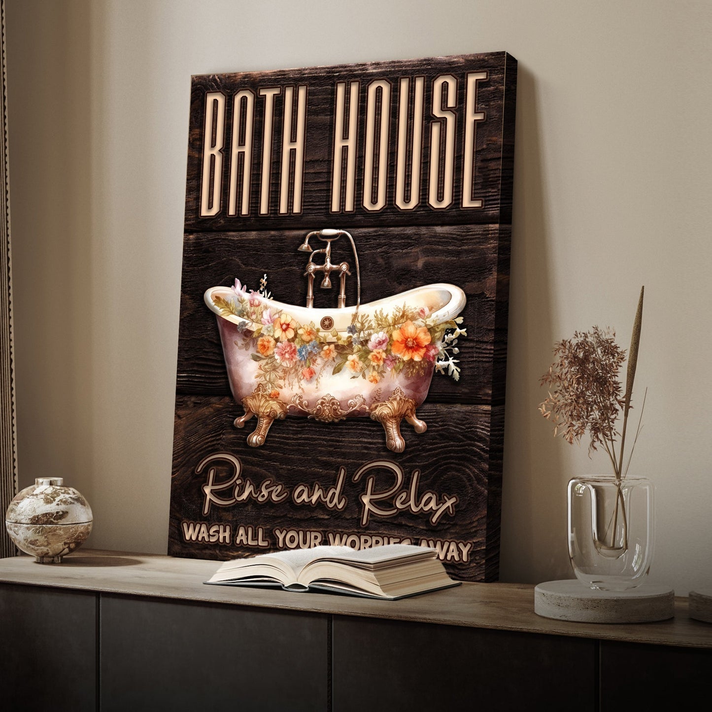 Rinse and Relax bath house canvas sign with calming typography for bathroom decor