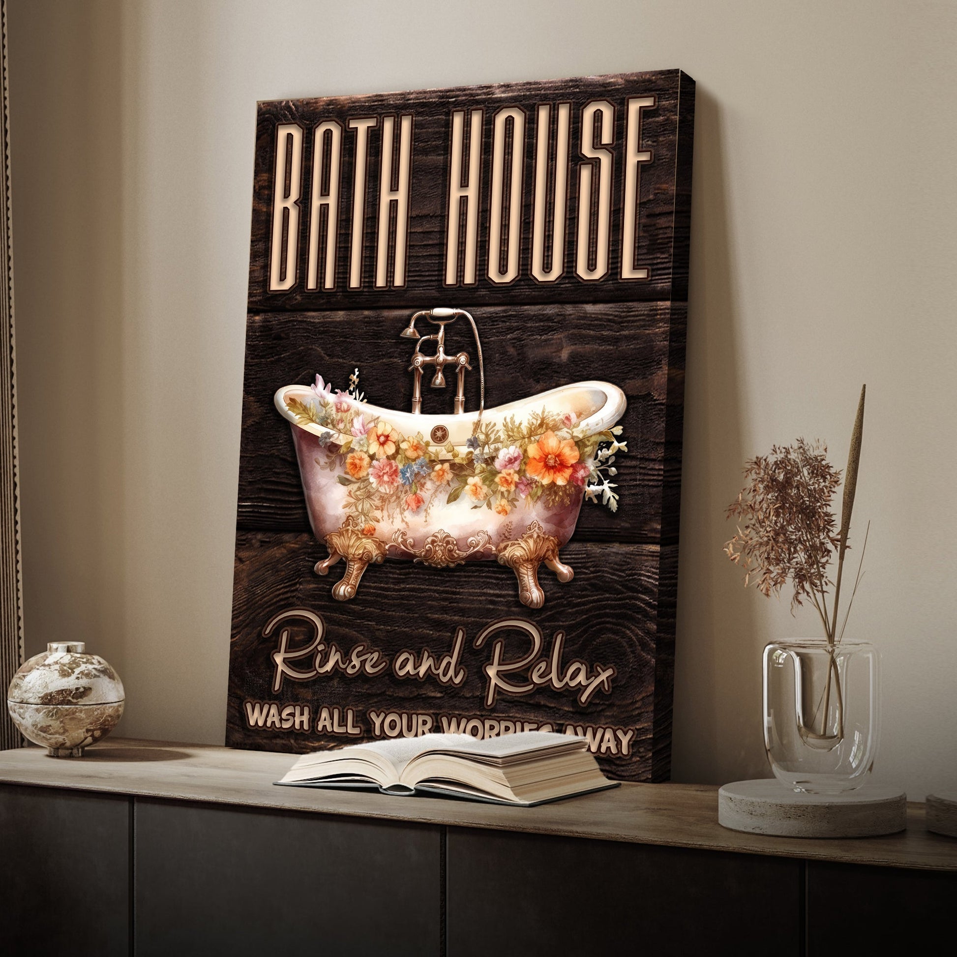 Rinse and Relax bath house canvas sign with calming typography for bathroom decor