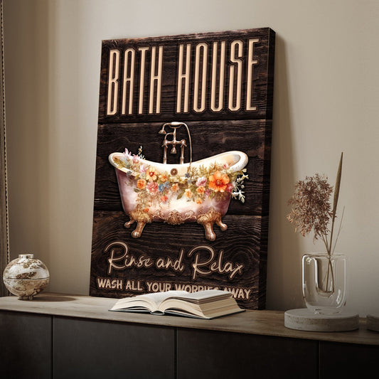 Rinse and Relax bath house canvas sign with calming typography for bathroom decor