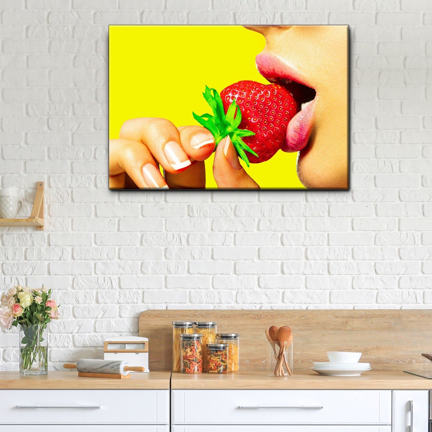 Strawberry lips pop art canvas wall art with bold red and pink tones, gallery-wrapped