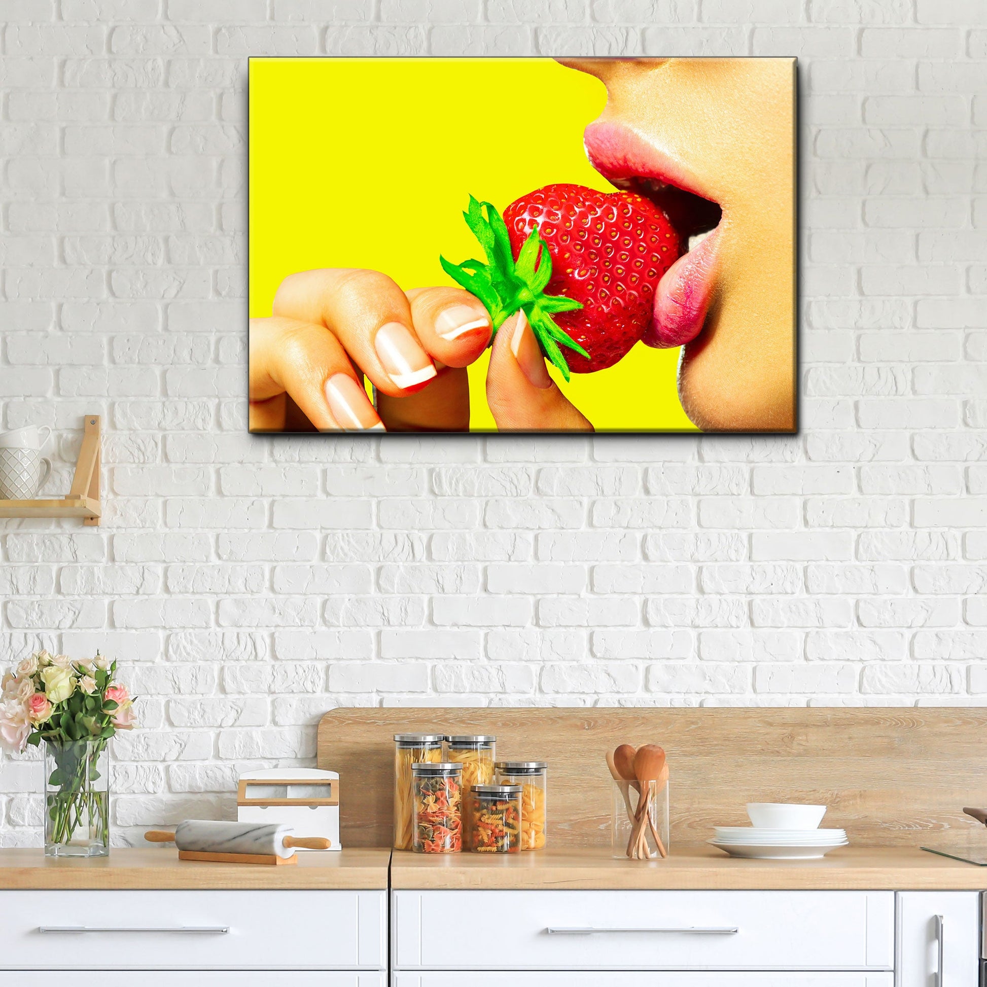 Strawberry lips pop art canvas wall art with bold red and pink tones, gallery-wrapped