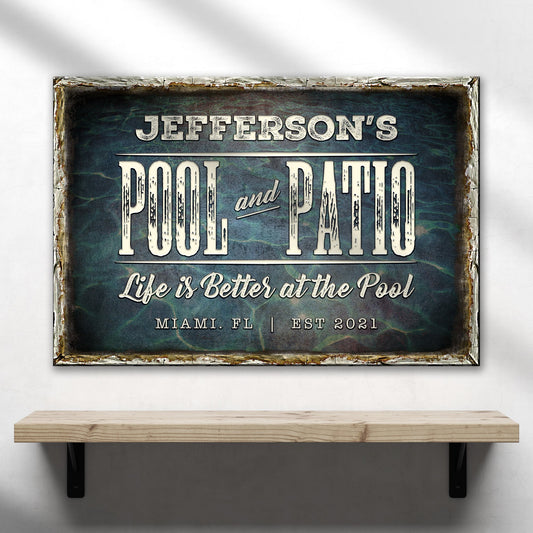 Pool And Patio personalized rustic word-art canvas sign on a wall