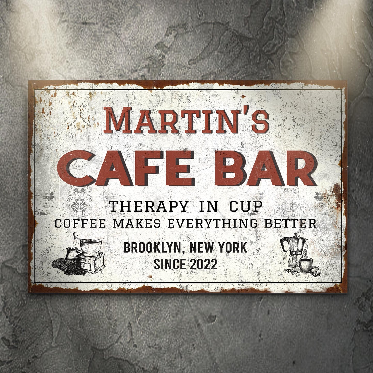 Personalized cafe bar canvas sign with rustic word-art coffee station design