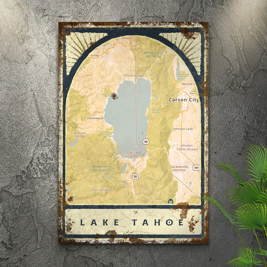 Personalized lake map canvas sign with rustic shoreline design, lake name and year