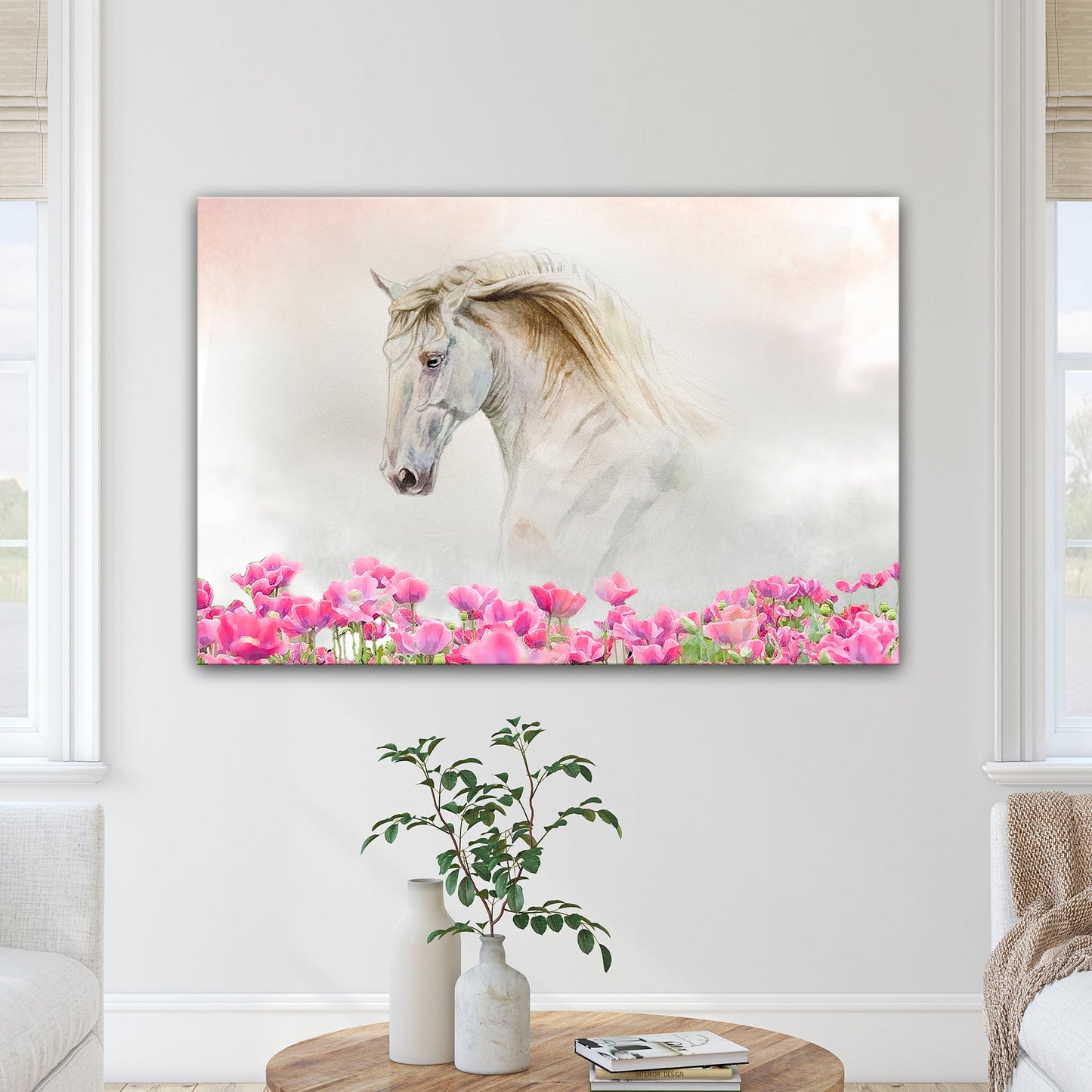 Floral white horse canvas wall art wreathed in soft blooms