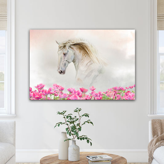 Floral white horse canvas wall art wreathed in soft blooms